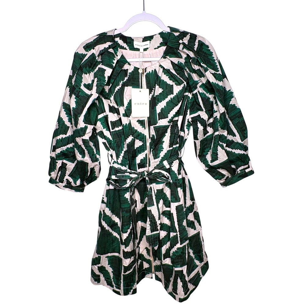 Entro Green White Geo Zip Front Puff Sleeve Mini Dress NWT Medium Retro Mod Boho